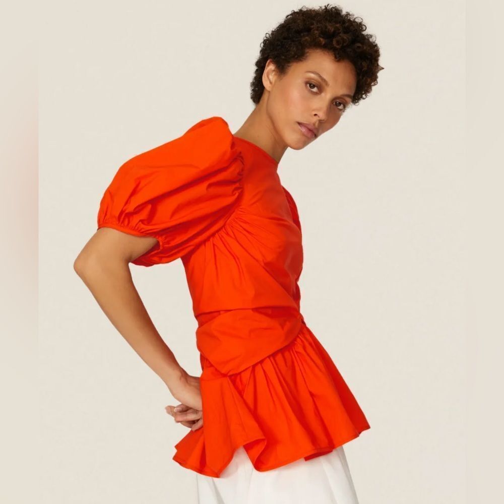 CECILIE BAHNSEN Women's Faith Puff Sleeve Blouse Cotton Top Orange size 10